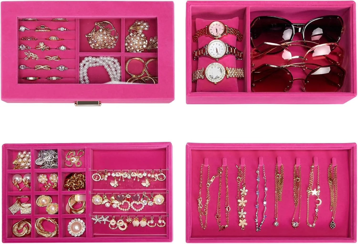 Homde Jewelry Tray Stackable Jewelry Box Drawer Organizer with Glass Lid, Removable Dividers for Vanity Table Gift Idea for Girls and Women (Pink)