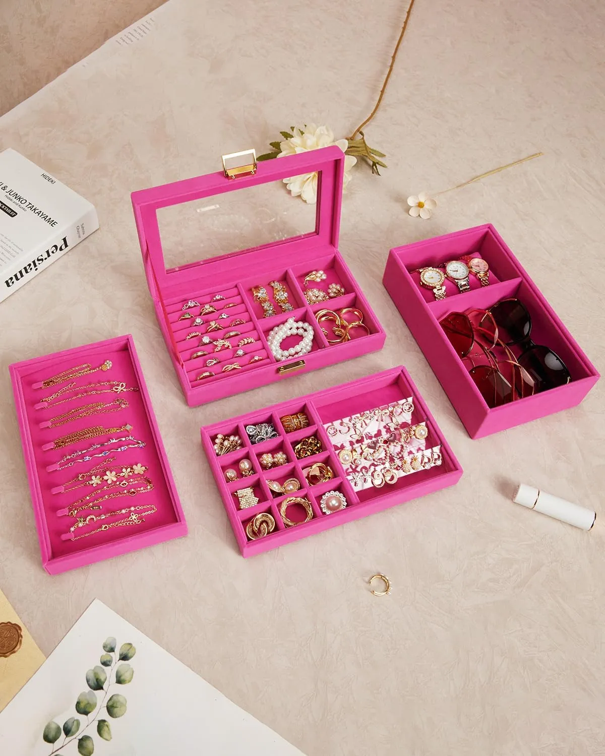 Homde Jewelry Tray Stackable Jewelry Box Drawer Organizer with Glass Lid, Removable Dividers for Vanity Table Gift Idea for Girls and Women (Pink)