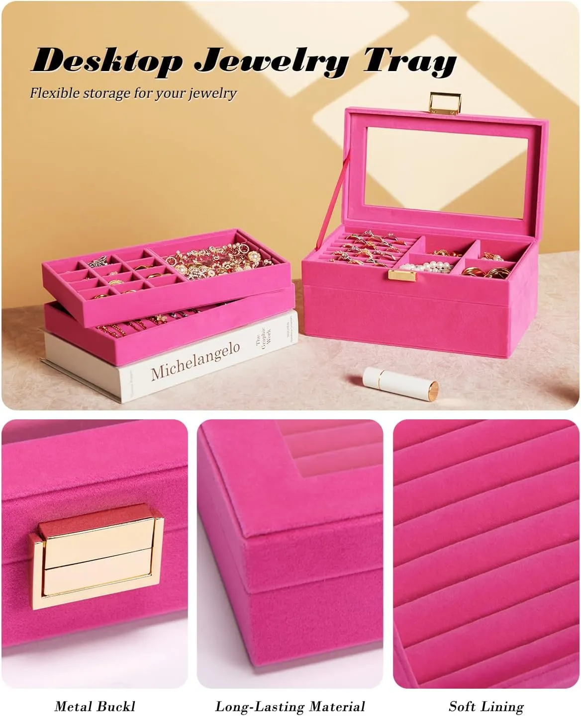 Homde Jewelry Tray Stackable Jewelry Box Drawer Organizer with Glass Lid, Removable Dividers for Vanity Table Gift Idea for Girls and Women (Pink)
