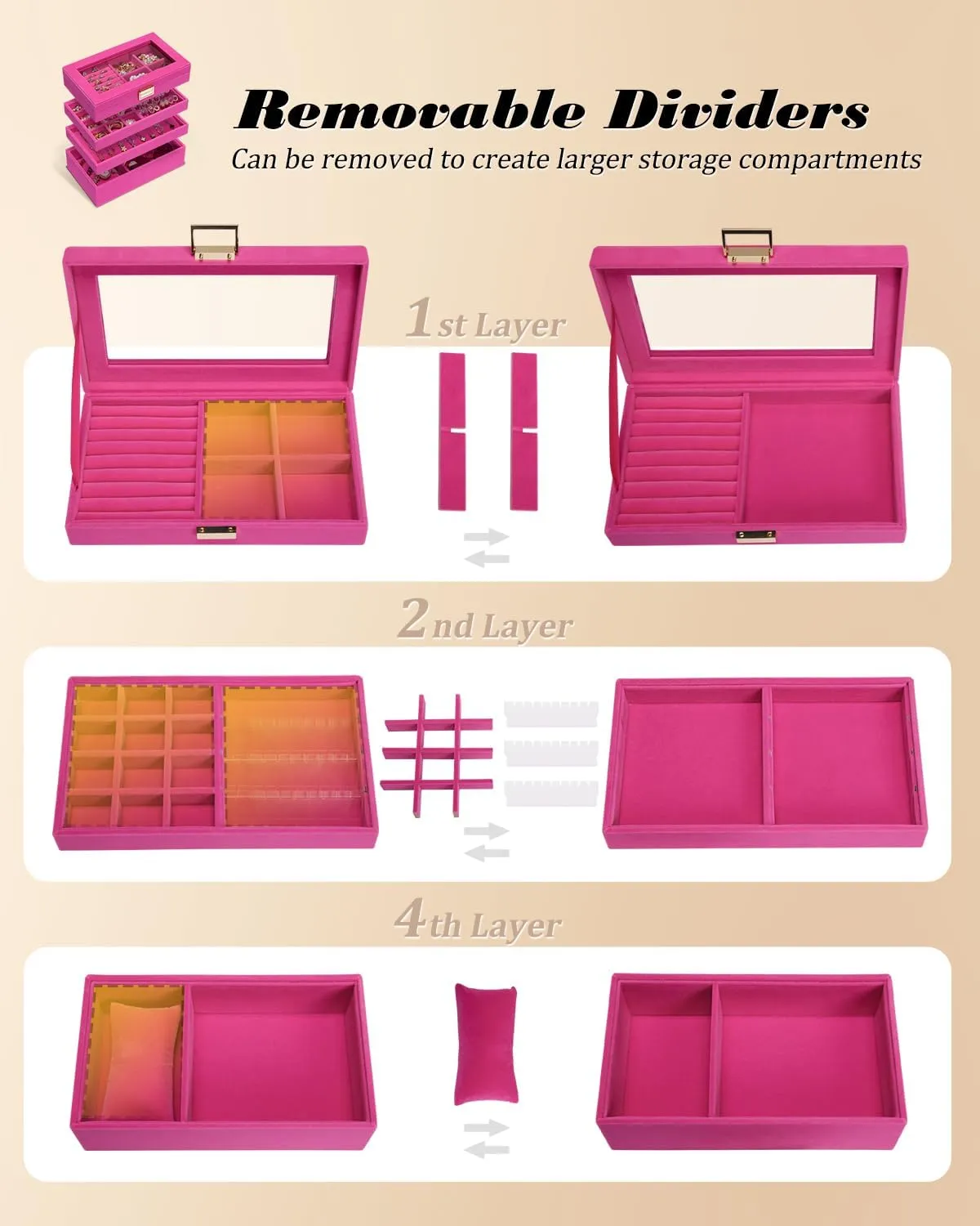 Homde Jewelry Tray Stackable Jewelry Box Drawer Organizer with Glass Lid, Removable Dividers for Vanity Table Gift Idea for Girls and Women (Pink)