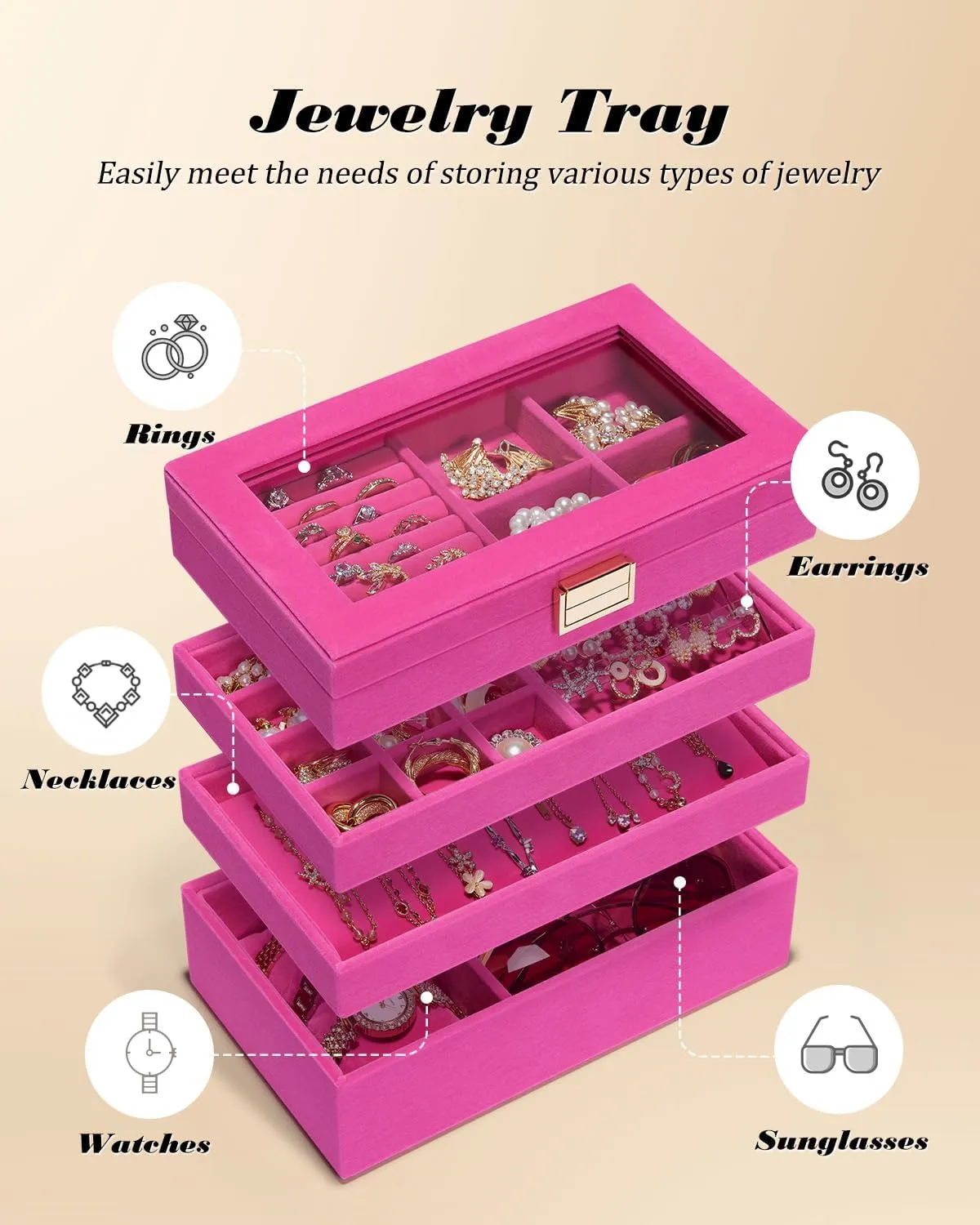 Homde Jewelry Tray Stackable Jewelry Box Drawer Organizer with Glass Lid, Removable Dividers for Vanity Table Gift Idea for Girls and Women (Pink)