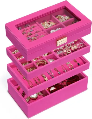 Homde Jewelry Tray Stackable Jewelry Box Drawer Organizer with Glass Lid, Removable Dividers for Vanity Table Gift Idea for Girls and Women (Pink)