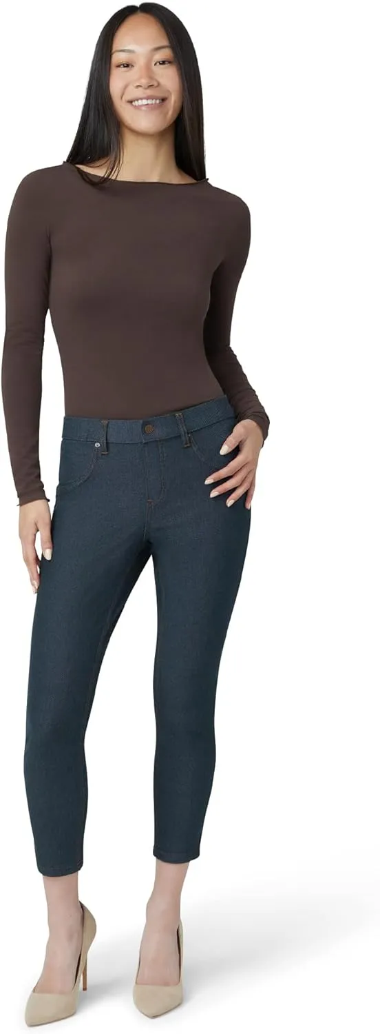 HUE Women's Essential Denim Capri Leggings with Pockets and Side Slits, Comfortable Pull On Pants