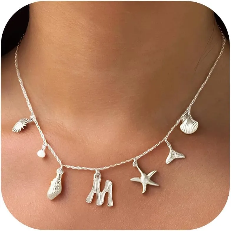 Initial Charm Necklace Beach Jewelry for Women Trendy Shell Letter Pendant Necklace Summer Beach Surfer Jewelry Gifts Boho Starfish Pearl Charms for Summer Vacation