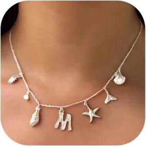 Initial Charm Necklace Beach Jewelry for Women Trendy Shell Letter Pendant Necklace Summer Beach Surfer Jewelry Gifts Boho Starfish Pearl Charms for Summer Vacation