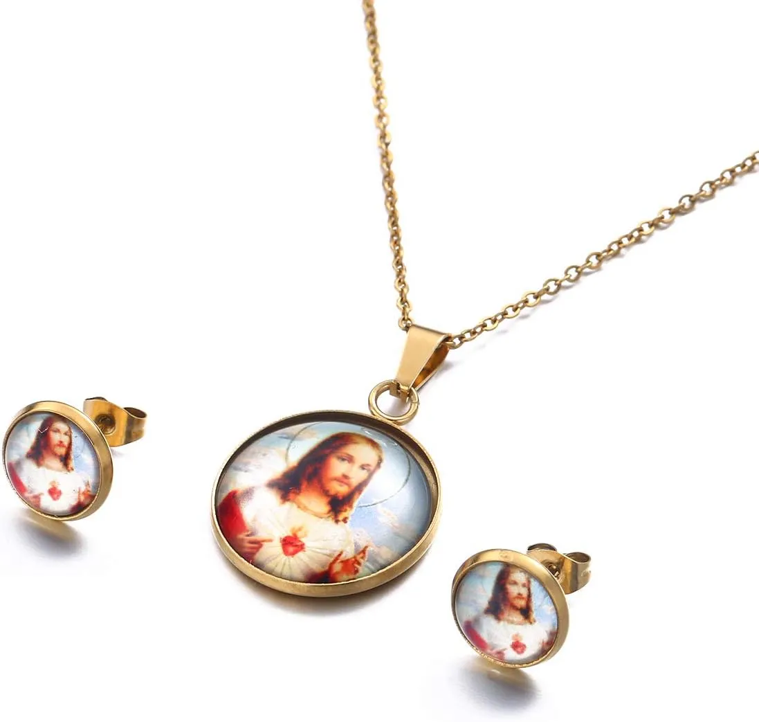 Jesus Head Pendant Necklaces Earrings Gold Color Chain Women Christian Jewelry Crucifix