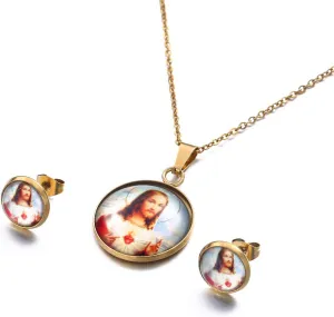 Jesus Head Pendant Necklaces Earrings Gold Color Chain Women Christian Jewelry Crucifix