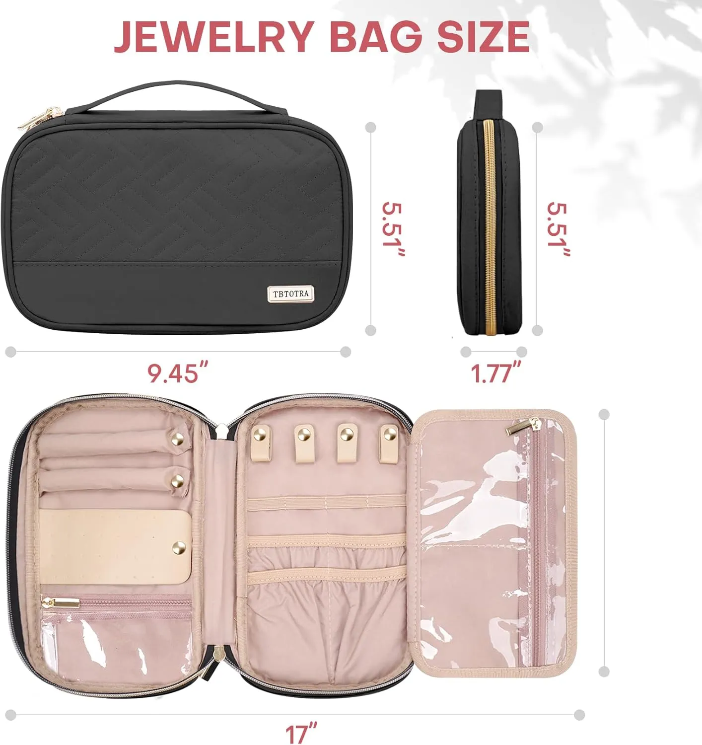 Jewelry Travel Case Organizer for Necklaces, Earrings, Rings, Bracelet, Watch, Soft Sided, Black
