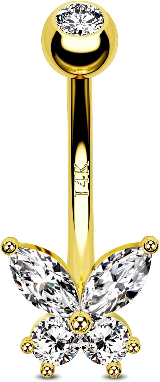 Jewseen 14K Gold Butterfly Belly Button Ring Opal Belly Ring Clear CZ Belly Piercing Jewelry Navel Ring Navel Barbell Body Piercing Jewelry for Women