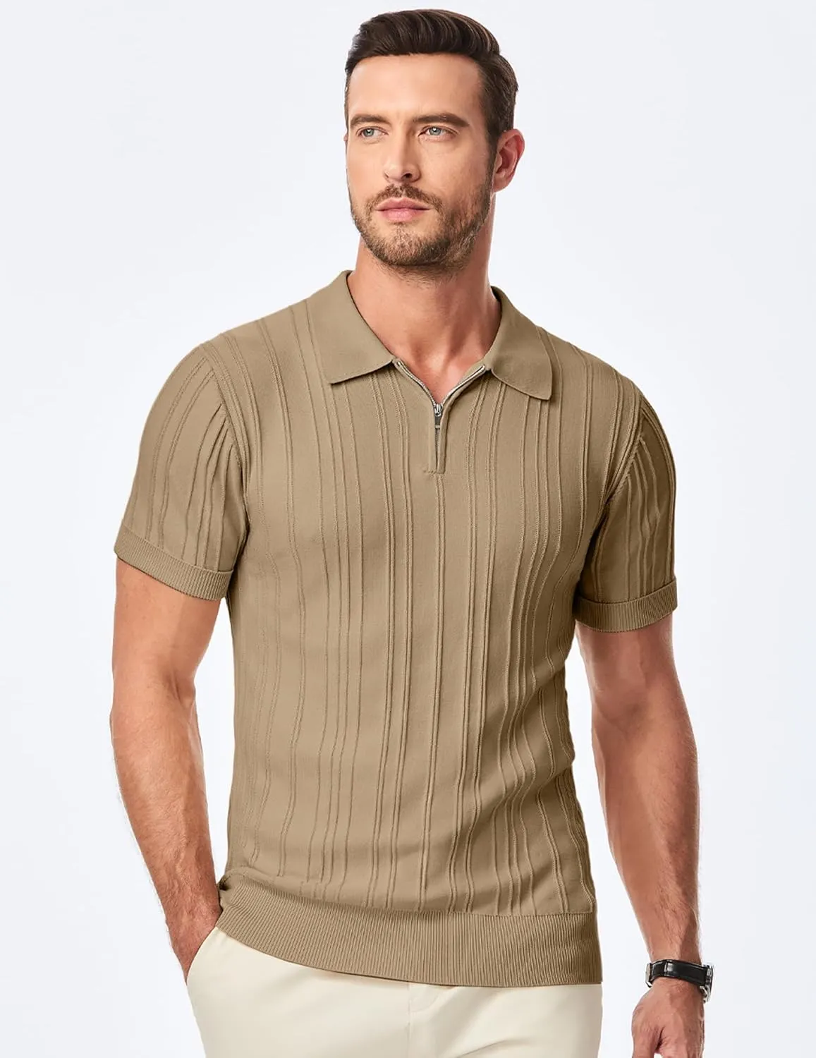 JMIERR Mens Casual Polo Shirt Short Sleeve Classic Fit Knit T Shirt Golf Shirts with Zipper