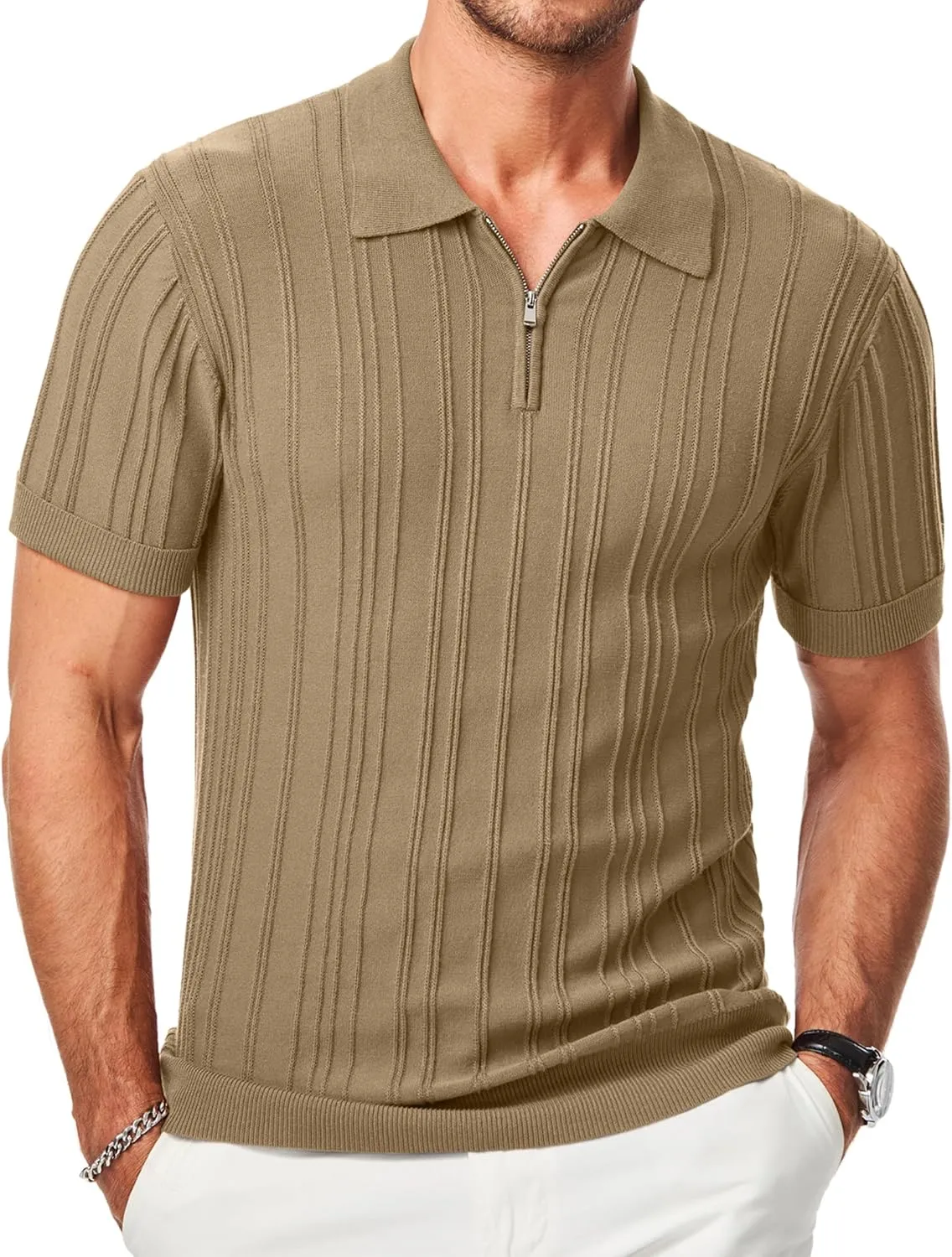 JMIERR Mens Casual Polo Shirt Short Sleeve Classic Fit Knit T Shirt Golf Shirts with Zipper