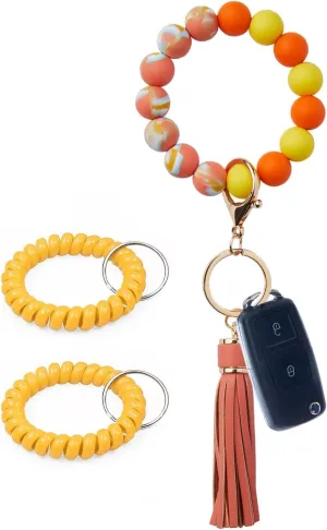 Key Chain for Car Keys Women Keychain Wristlet keychain lanyard for women Silicone Beaded Bangle Chains Key Ring with Leather Tassel Bracelet Car Keychain