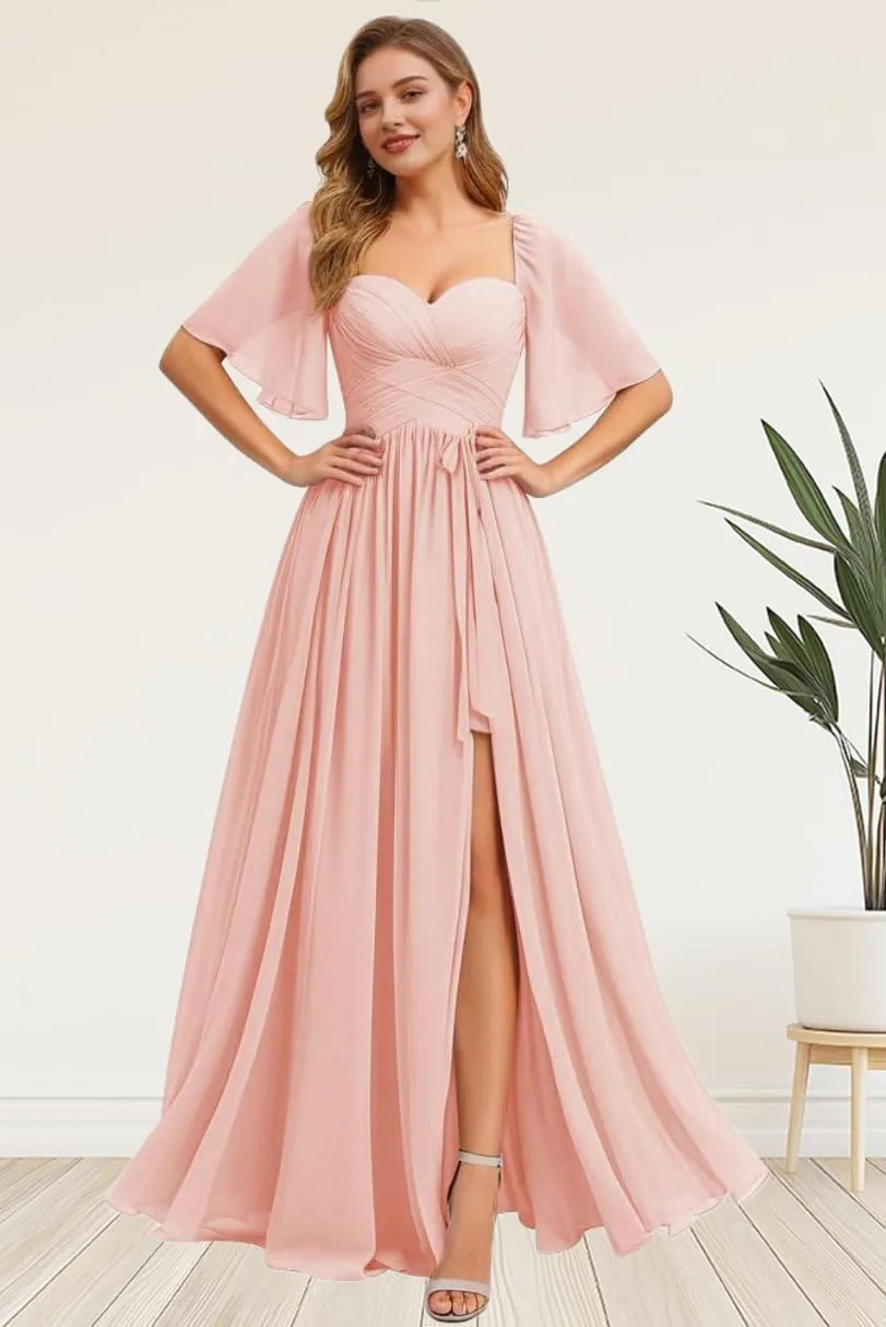 Kyeuan Flutter Sleeve Bridesmaid Dresses for Women with Slit Ruched Chiffon A Line Long Formal Dress for Wedding Guest