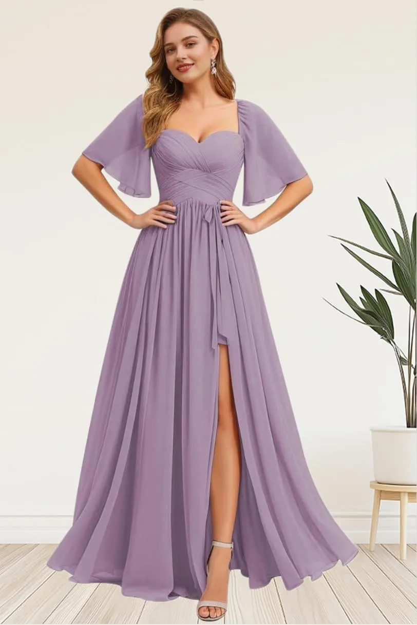 Kyeuan Flutter Sleeve Bridesmaid Dresses for Women with Slit Ruched Chiffon A Line Long Formal Dress for Wedding Guest