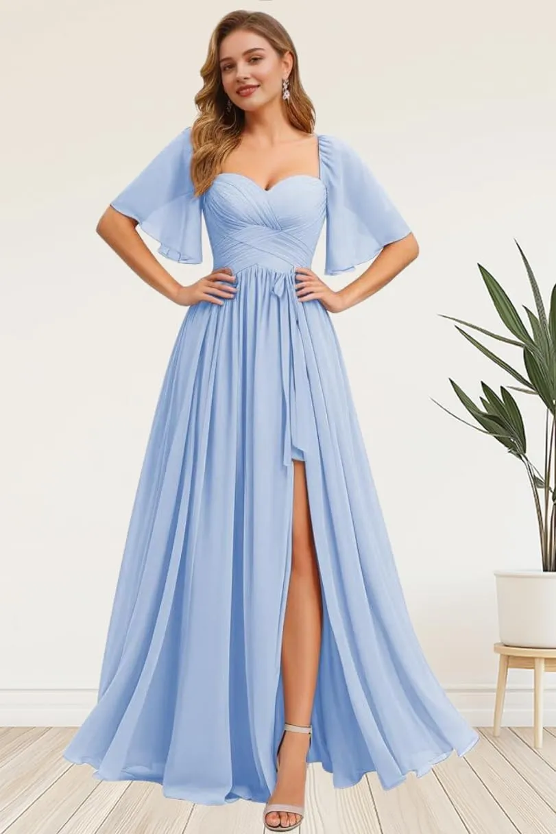 Kyeuan Flutter Sleeve Bridesmaid Dresses for Women with Slit Ruched Chiffon A Line Long Formal Dress for Wedding Guest