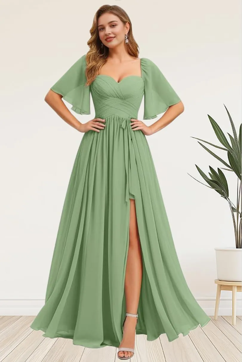 Kyeuan Flutter Sleeve Bridesmaid Dresses for Women with Slit Ruched Chiffon A Line Long Formal Dress for Wedding Guest