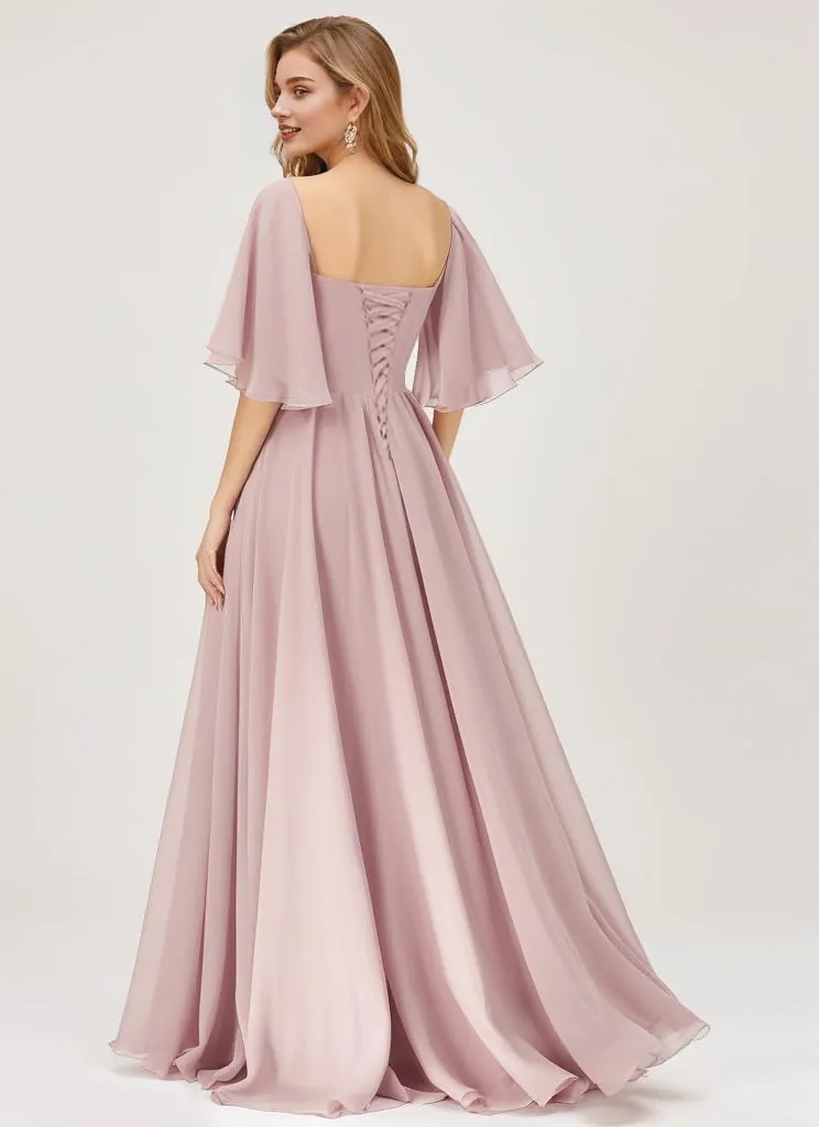 Kyeuan Flutter Sleeve Bridesmaid Dresses for Women with Slit Ruched Chiffon A Line Long Formal Dress for Wedding Guest