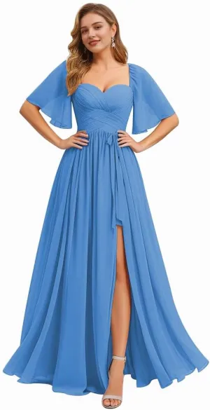 Kyeuan Flutter Sleeve Bridesmaid Dresses for Women with Slit Ruched Chiffon A Line Long Formal Dress for Wedding Guest