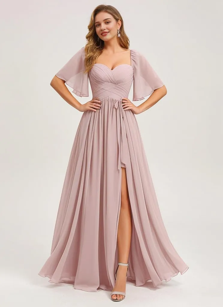Kyeuan Flutter Sleeve Bridesmaid Dresses for Women with Slit Ruched Chiffon A Line Long Formal Dress for Wedding Guest