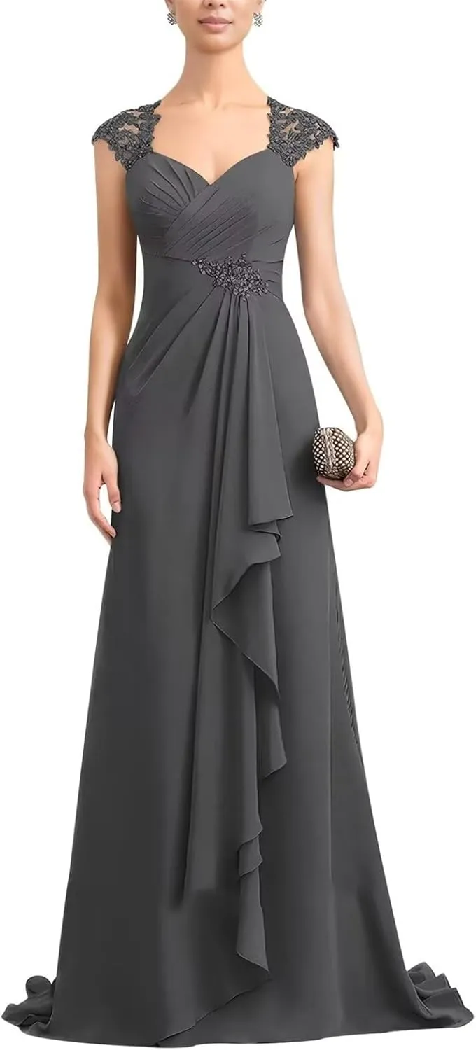 Lace Applique Chiffon Mother of The Bride Dresses for Wedding V Neck Long Evening Dresses with Ruffle for Women