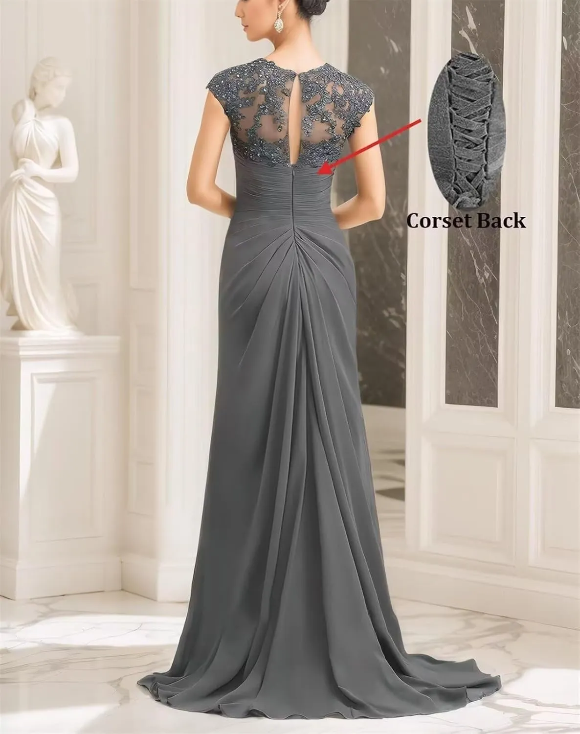 Lace Applique Chiffon Mother of The Bride Dresses for Wedding V Neck Long Evening Dresses with Ruffle for Women