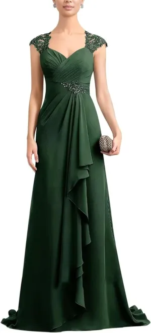 Lace Applique Chiffon Mother of The Bride Dresses for Wedding V Neck Long Evening Dresses with Ruffle for Women