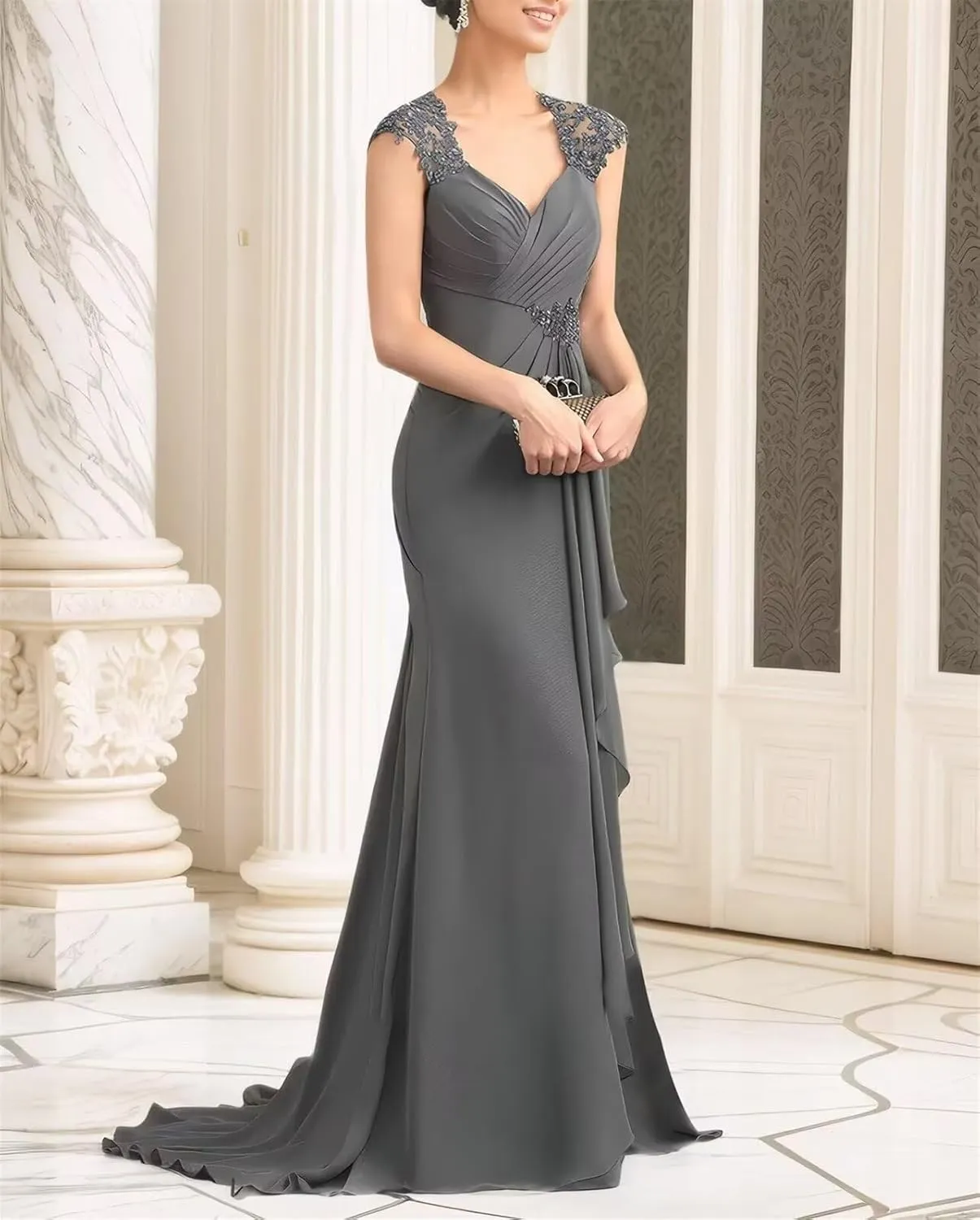 Lace Applique Chiffon Mother of The Bride Dresses for Wedding V Neck Long Evening Dresses with Ruffle for Women