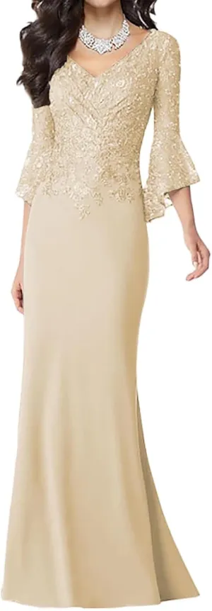 Lace Mother of The Bride Dresses for Women 3/4 Sleeve Appliques Mermaid Floor Length Formal Evening Dresses V Neck