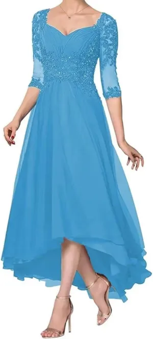 Laces Mother of Bride Dresses V-Neck Mother of The Groom Dresses with Sleeves Tea Length Wedding Reception Gowns