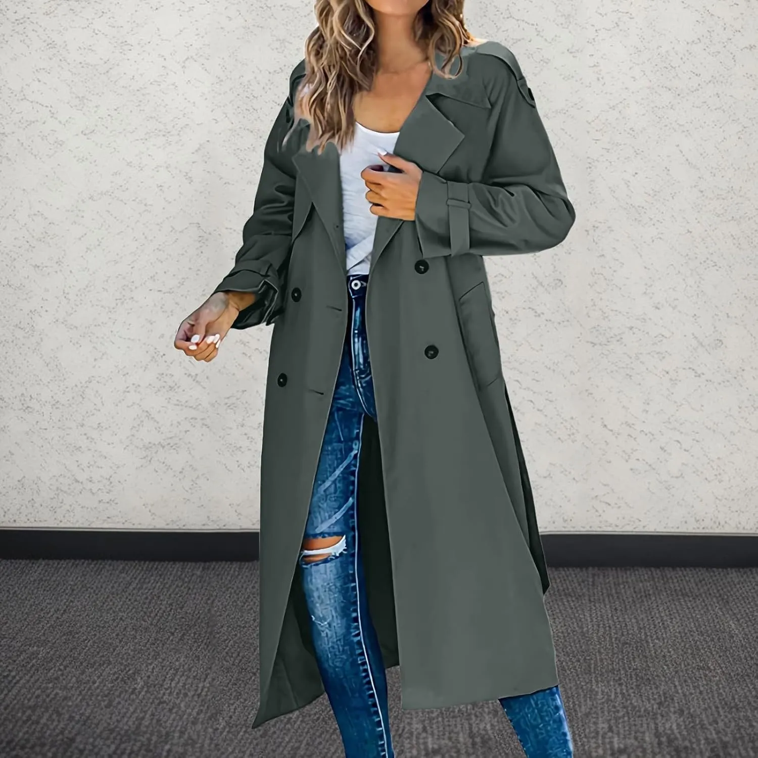 Ladies Mid Length Casual Versatile Trench Coat Western Jacket Business Bright Coats Baggy Comfortable Luxury