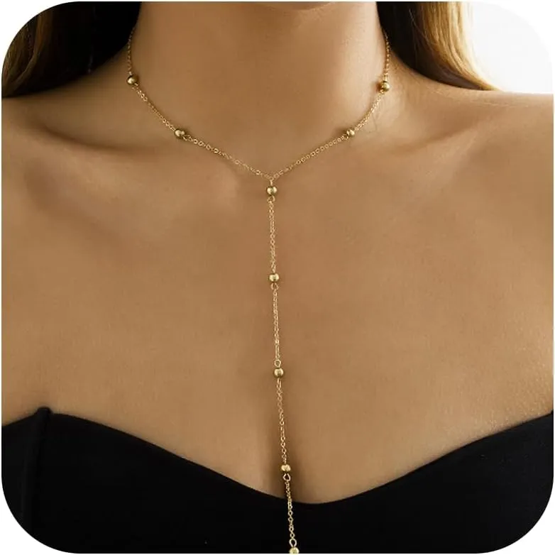 Lariat Necklace for Women Long Layered Gold Chain, Trendy Minimalist Layered Jewelry with Adjustable Length for Daily Stackable Necklaces