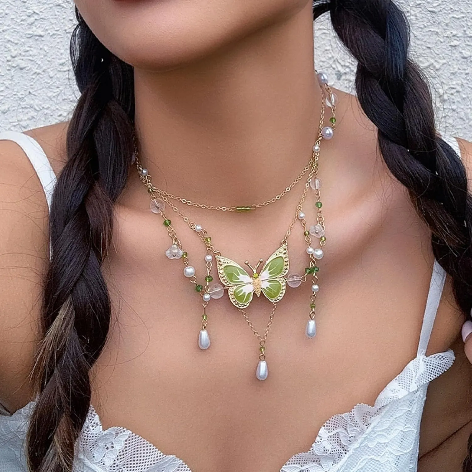 Layered Butterfly Choker Necklace for Women Fairy Tassel Butterfly Pendant Necklace Green Pink Crystal Pearl Necklace Bohemian Butterfly Costume Jewelry