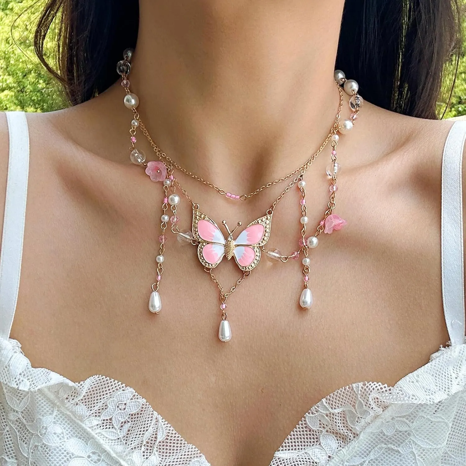Layered Butterfly Choker Necklace for Women Fairy Tassel Butterfly Pendant Necklace Green Pink Crystal Pearl Necklace Bohemian Butterfly Costume Jewelry