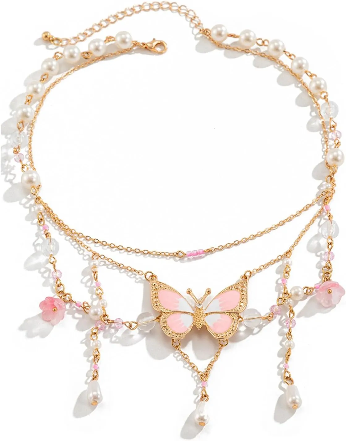 Layered Butterfly Choker Necklace for Women Fairy Tassel Butterfly Pendant Necklace Green Pink Crystal Pearl Necklace Bohemian Butterfly Costume Jewelry