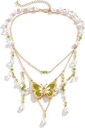 Layered Butterfly Choker Necklace for Women Fairy Tassel Butterfly Pendant Necklace Green Pink Crystal Pearl Necklace Bohemian Butterfly Costume Jewelry