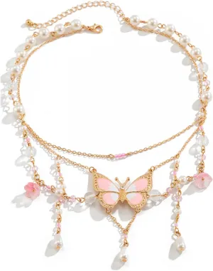 Layered Butterfly Choker Necklace for Women Fairy Tassel Butterfly Pendant Necklace Green Pink Crystal Pearl Necklace Bohemian Butterfly Costume Jewelry
