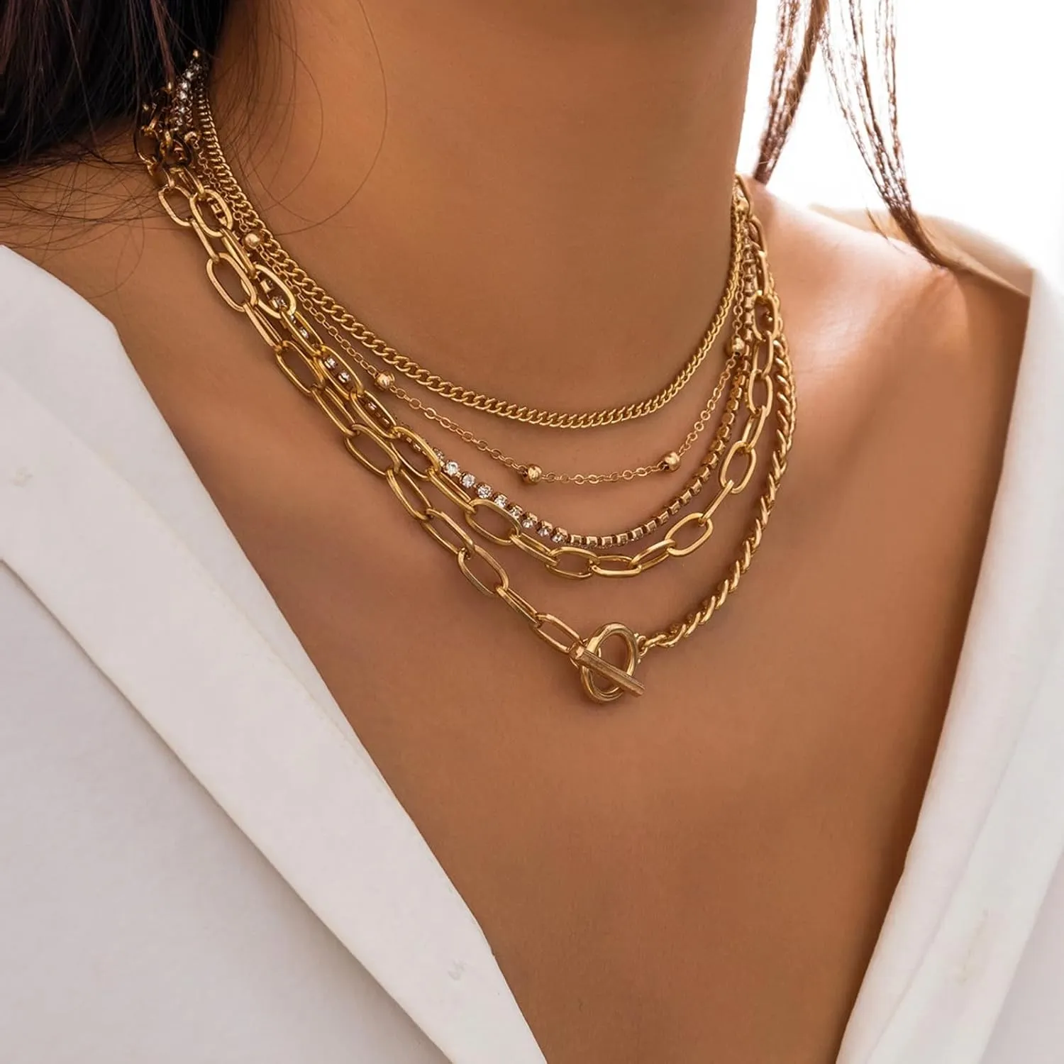 Layered Chain Necklaces for women,14K Gold Plated Dainty Chunky Choker Necklace Herringbone Chain,Snake Chain,Paperclip Chains OT Clasp Necklace Trendy Jewelry Gifts