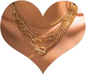 Layered Chain Necklaces for women,14K Gold Plated Dainty Chunky Choker Necklace Herringbone Chain,Snake Chain,Paperclip Chains OT Clasp Necklace Trendy Jewelry Gifts