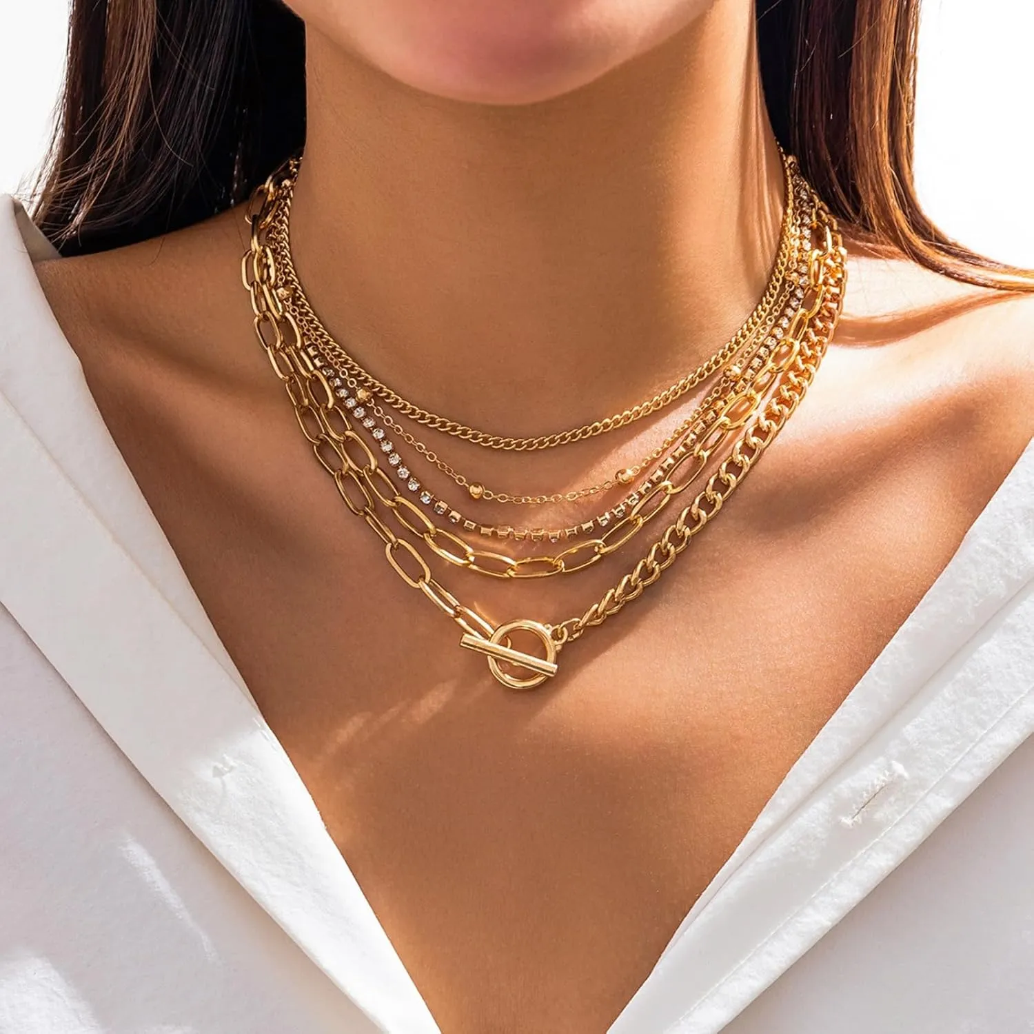 Layered Chain Necklaces for women,14K Gold Plated Dainty Chunky Choker Necklace Herringbone Chain,Snake Chain,Paperclip Chains OT Clasp Necklace Trendy Jewelry Gifts