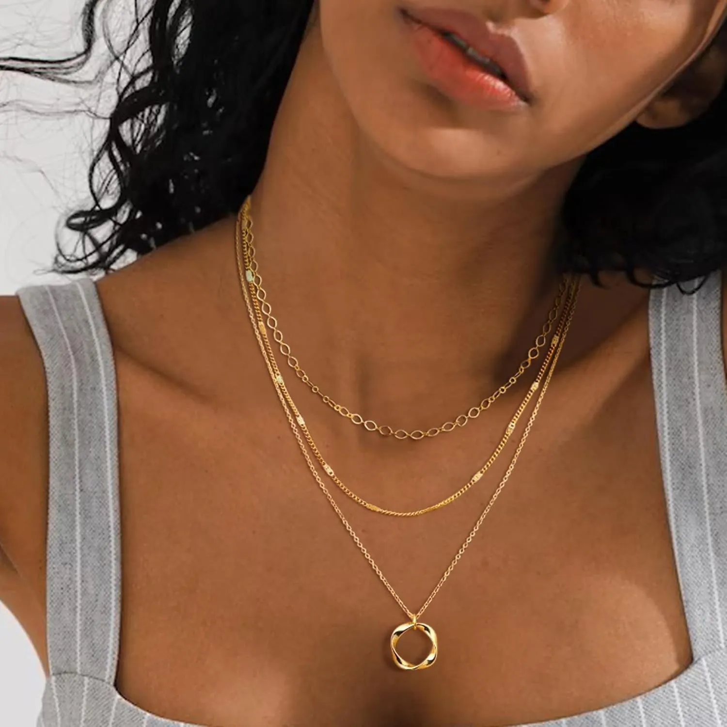 Layered Choker Necklaces, 14k Gold Plated/Sterling Silver Stackable Circle Pendant Chain Necklace Set