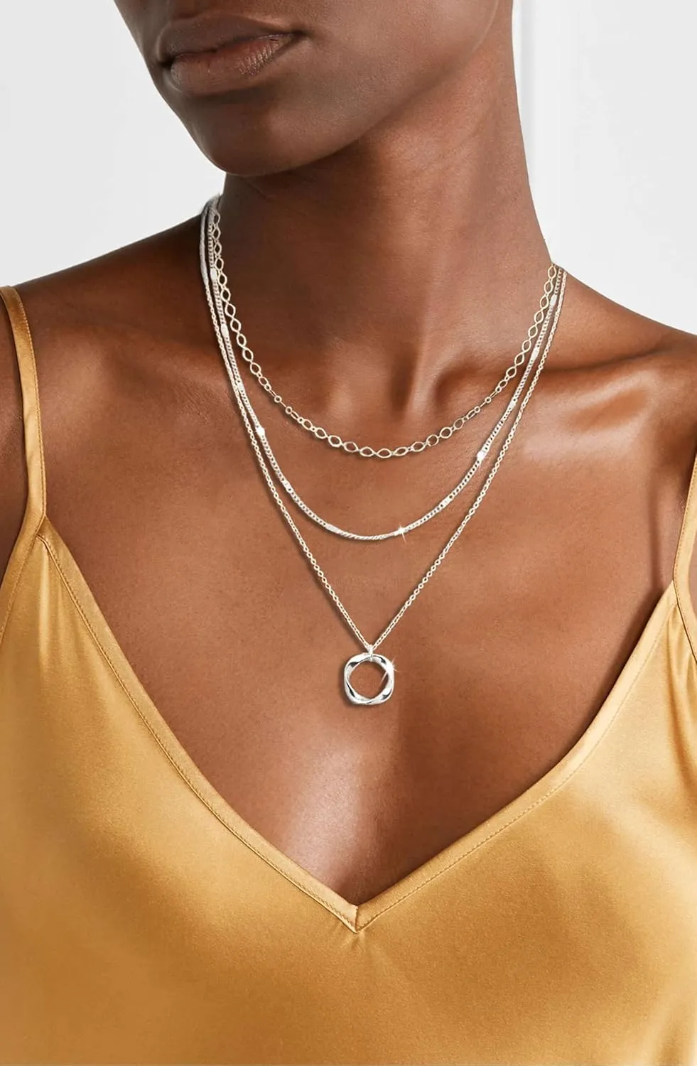 Layered Choker Necklaces, 14k Gold Plated/Sterling Silver Stackable Circle Pendant Chain Necklace Set