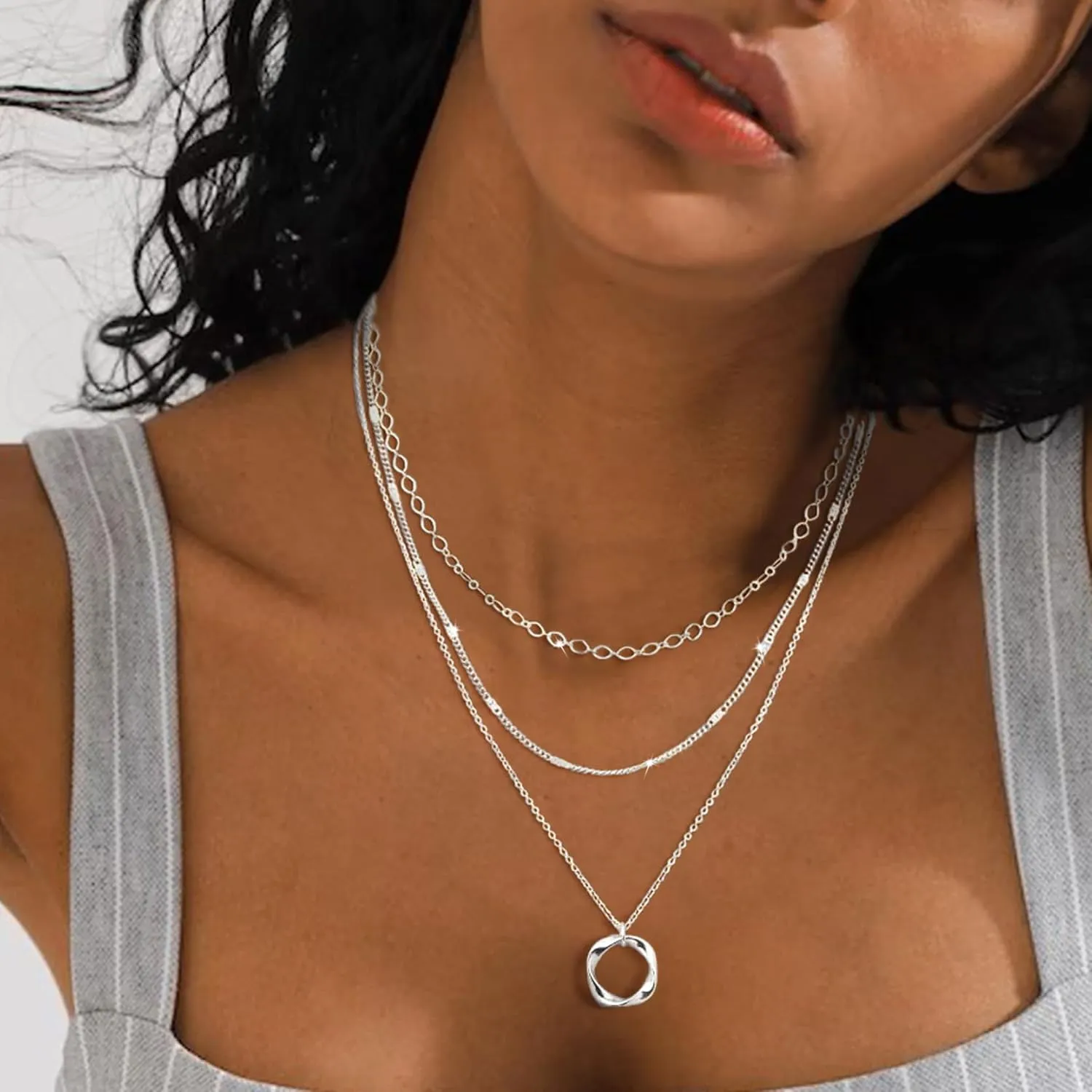 Layered Choker Necklaces, 14k Gold Plated/Sterling Silver Stackable Circle Pendant Chain Necklace Set