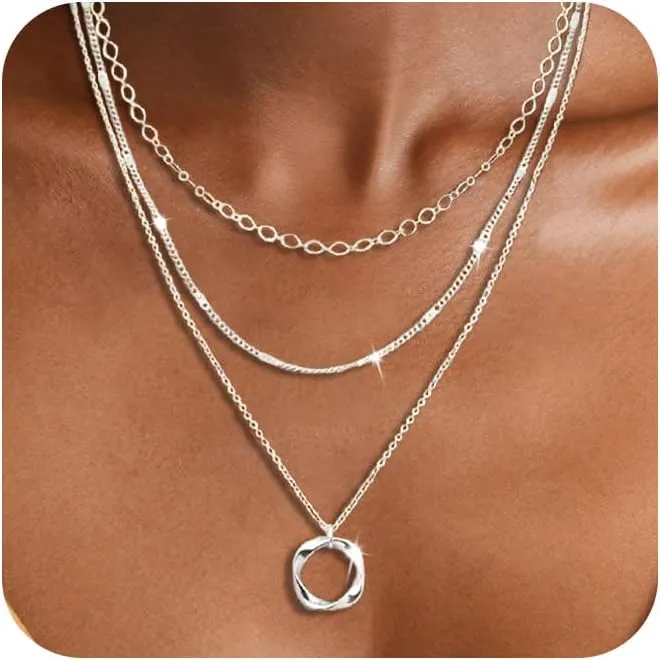 Layered Choker Necklaces, 14k Gold Plated/Sterling Silver Stackable Circle Pendant Chain Necklace Set
