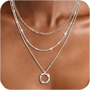 Layered Choker Necklaces, 14k Gold Plated/Sterling Silver Stackable Circle Pendant Chain Necklace Set