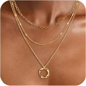 Layered Choker Necklaces, 14k Gold Plated/Sterling Silver Stackable Circle Pendant Chain Necklace Set