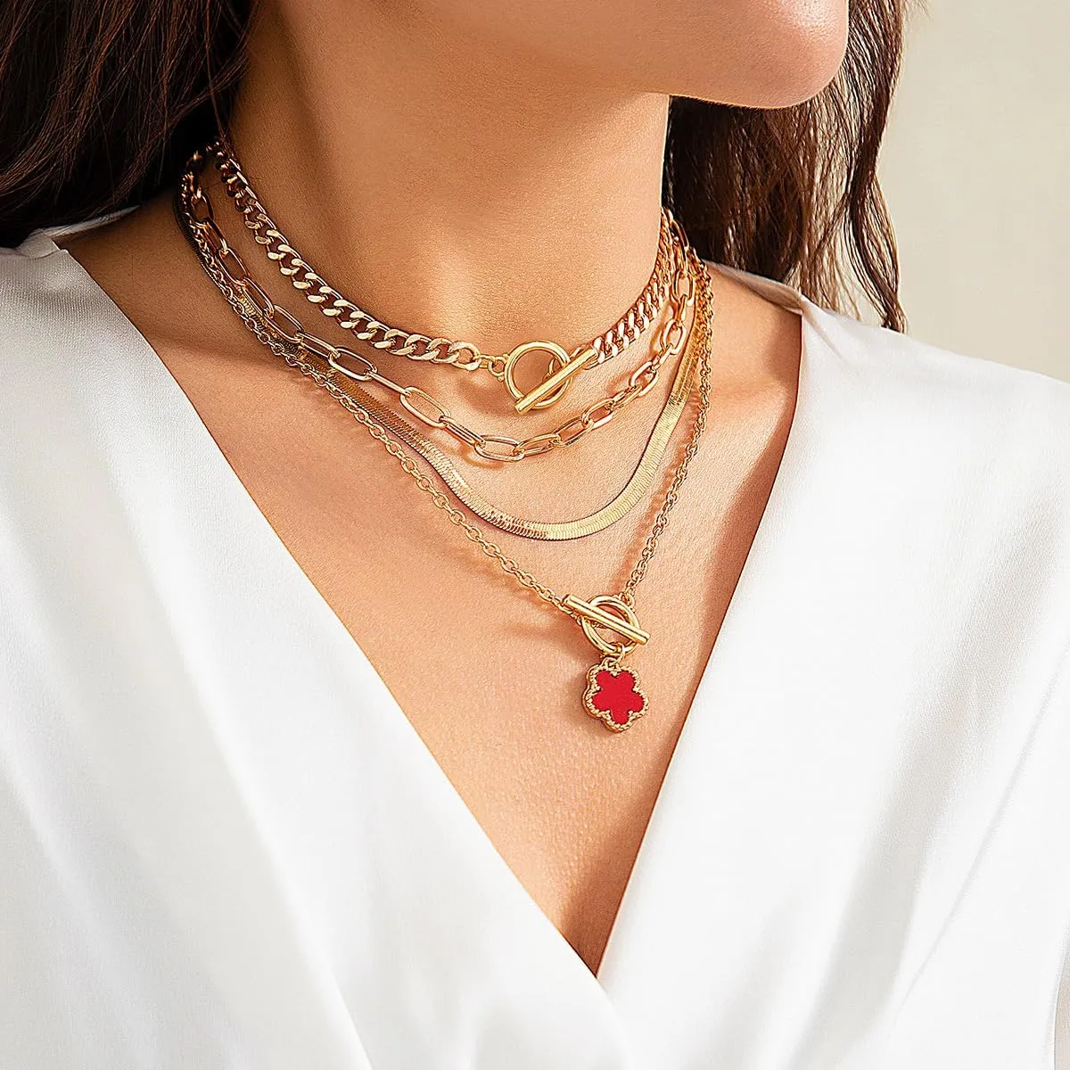 Layered Gold Necklaces for Women Chunky Choker Link Chain Trendy Dainty Five-leaf Clover Pendant Necklace Stack Layered Cuban Paperclip Snake Chain Necklace
