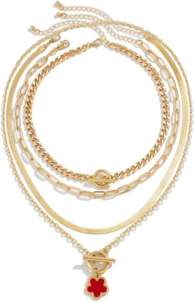 Layered Gold Necklaces for Women Chunky Choker Link Chain Trendy Dainty Five-leaf Clover Pendant Necklace Stack Layered Cuban Paperclip Snake Chain Necklace