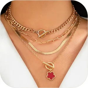 Layered Gold Necklaces for Women Chunky Choker Link Chain Trendy Dainty Five-leaf Clover Pendant Necklace Stack Layered Cuban Paperclip Snake Chain Necklace