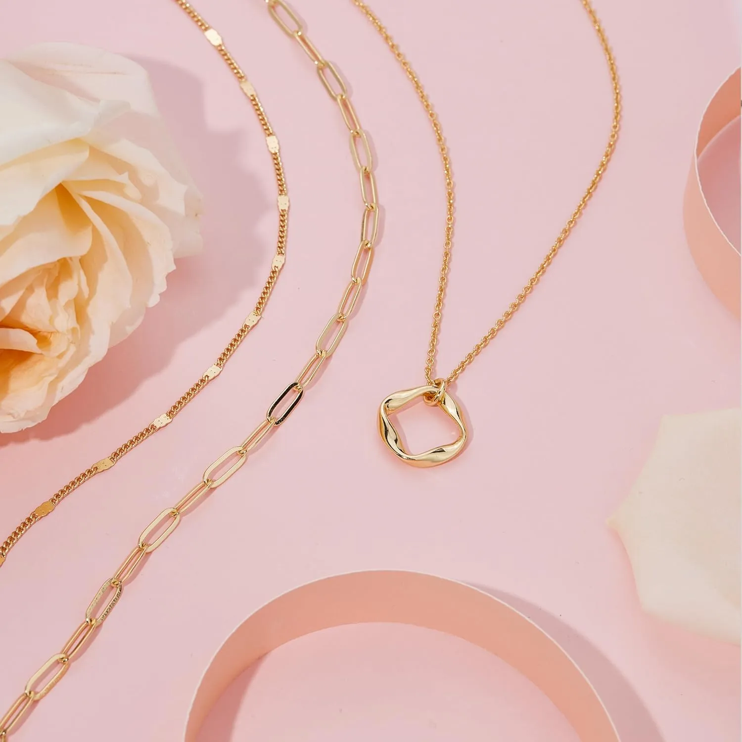 Layered Gold Necklaces for Women,Stackable Dainty 14K Gold Silver Plated Trendy Circle Paperclip Chain Pendant Choker Necklace,Simpl Diamond Cross Bow Jewelry Set Gifts for Women