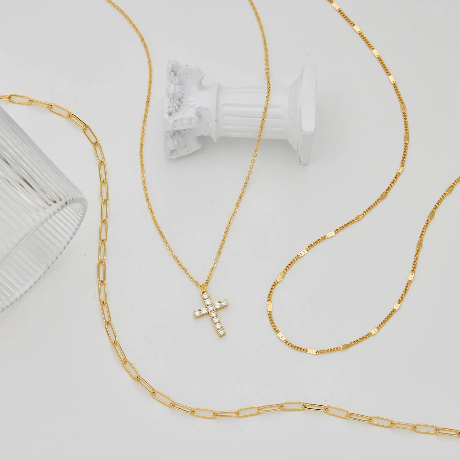 Layered Gold Necklaces for Women,Stackable Dainty 14K Gold Silver Plated Trendy Circle Paperclip Chain Pendant Choker Necklace,Simpl Diamond Cross Bow Jewelry Set Gifts for Women